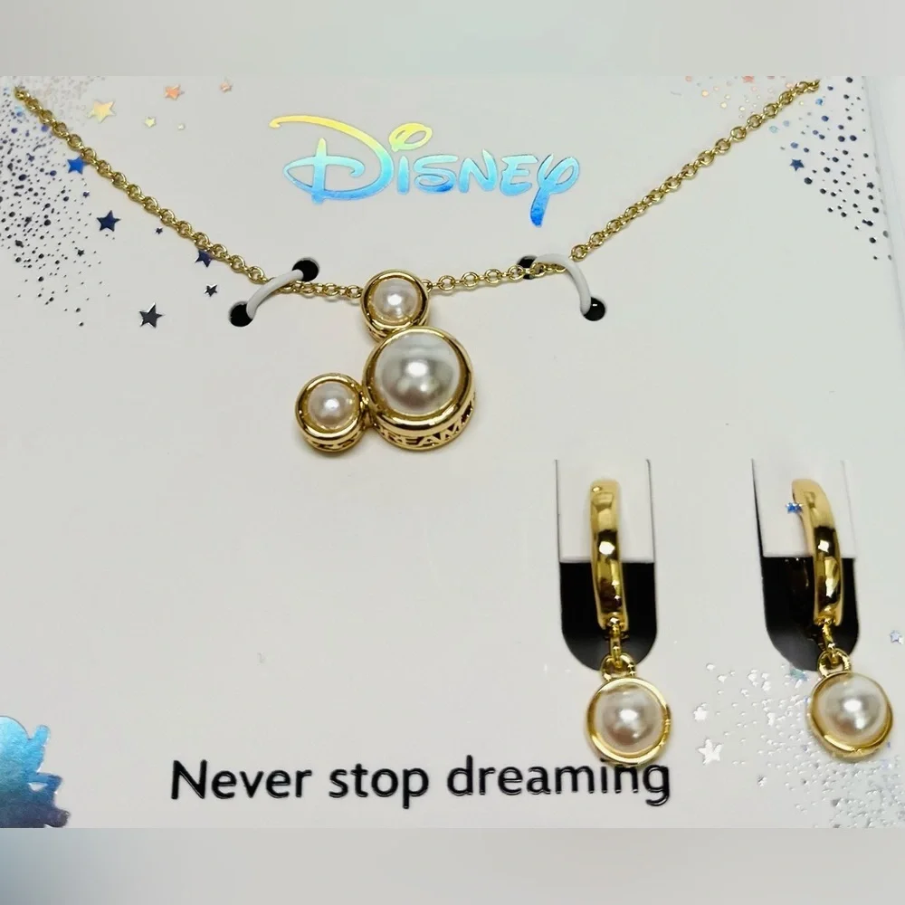 Disney Glass Cultivated Pearl Mickey Pendant Necklace and Hoop Earring Set